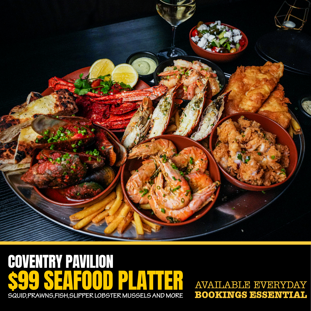 Seafood Platter at Coventry Pavilion in Morley - fresh seafood with garlic bread, battered squid, chilli crab, top view